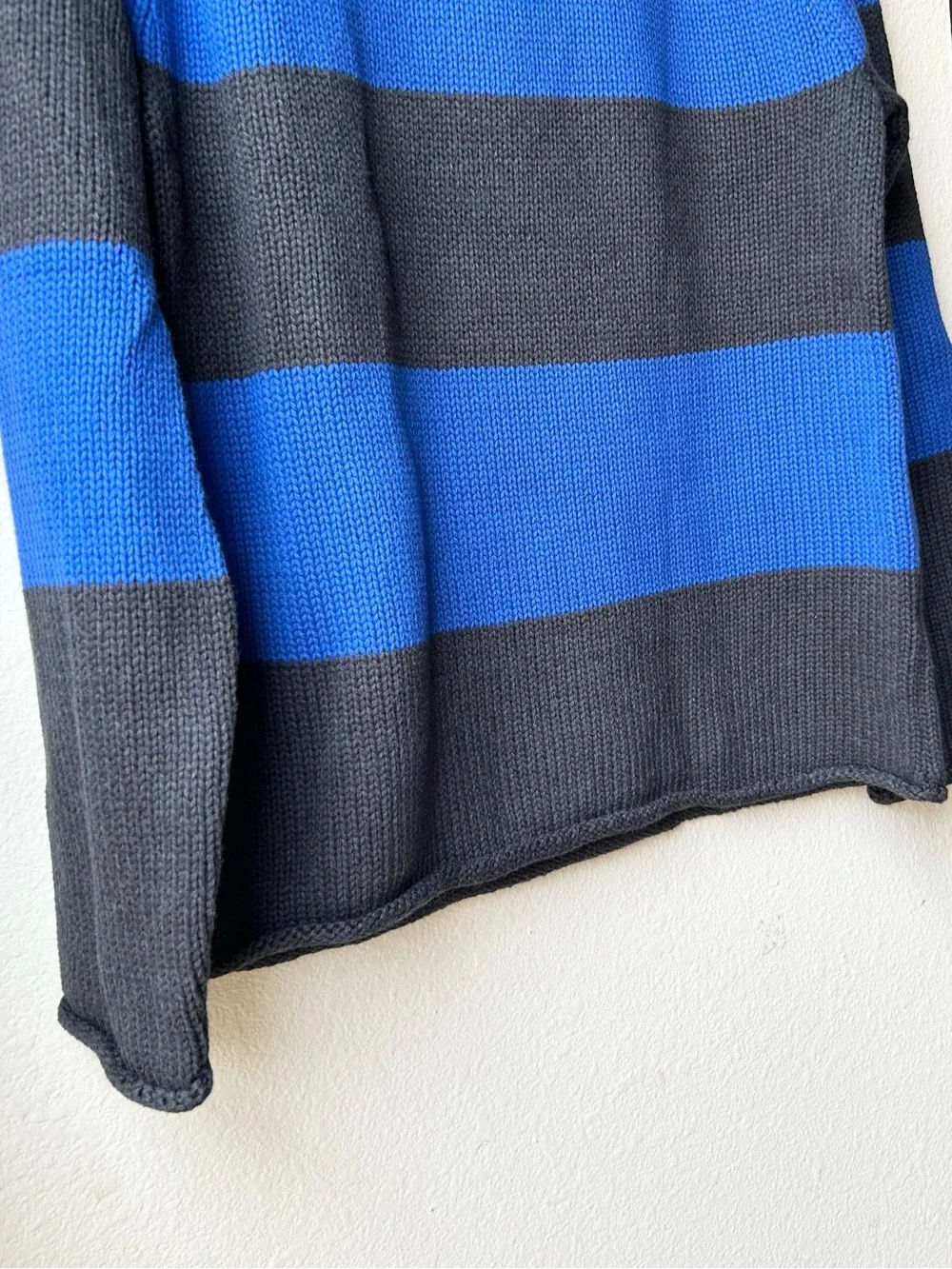 J. Crew 1988 Rollneck sweater in cotton hoop stripe Hthr Black Regal Blue Sz M